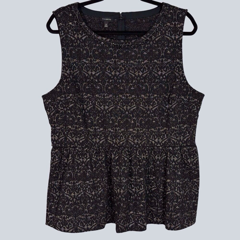 Talbots Sleeveless Peplum Top Women’s XL Black Metallic Silver Jewel Neckline